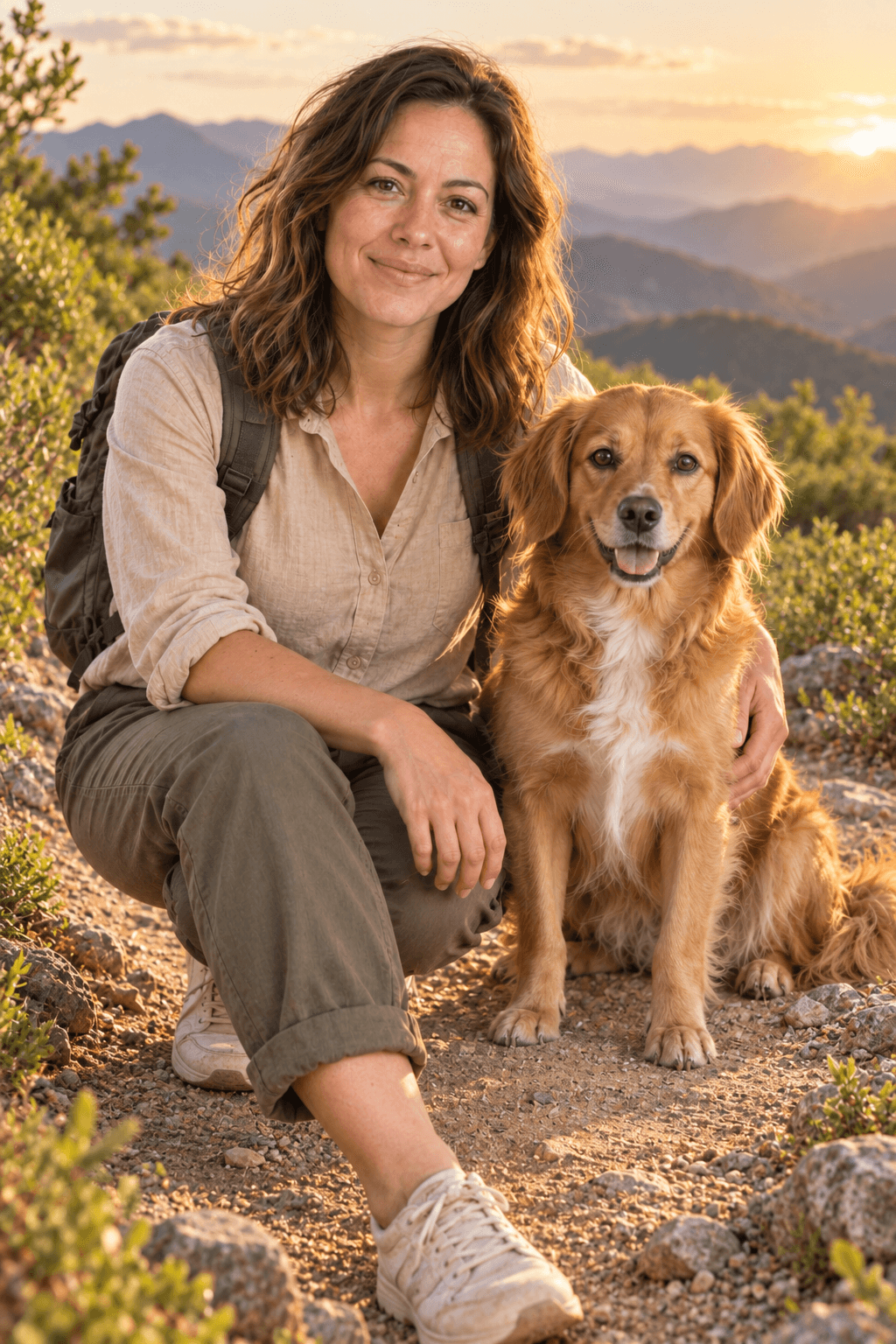 Demonstração sintética de um cão com sua tutora em uma aventura nas montanhas